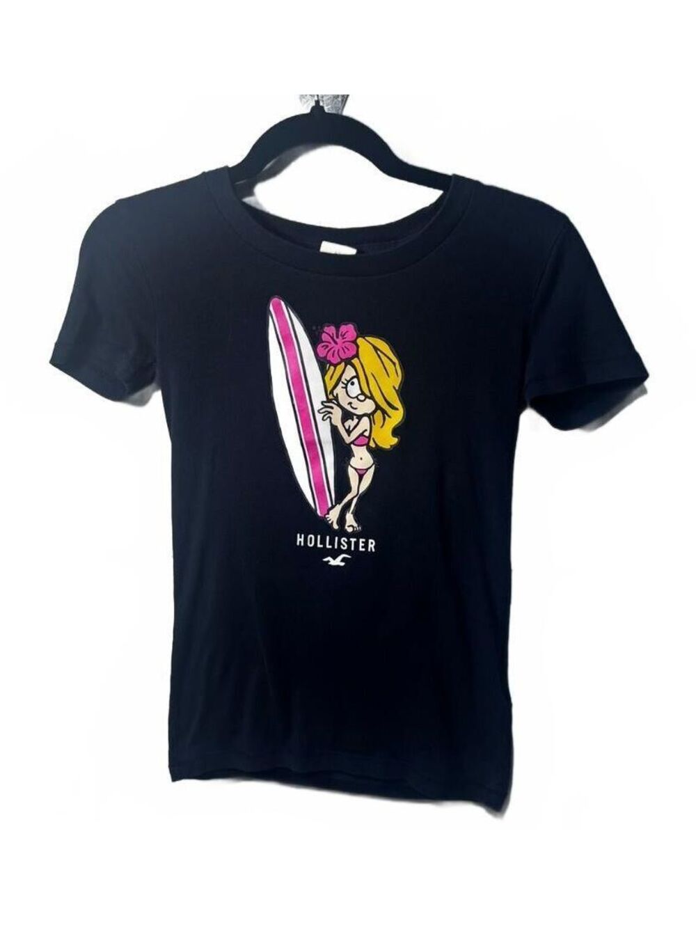 Vintage Hollister Navy Surfer Girl Cartoon T-Shirt XS - Y2K
